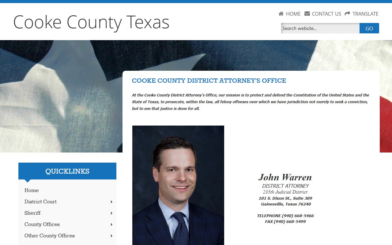 Cooke County District Attorney page for felony prosecution contacts