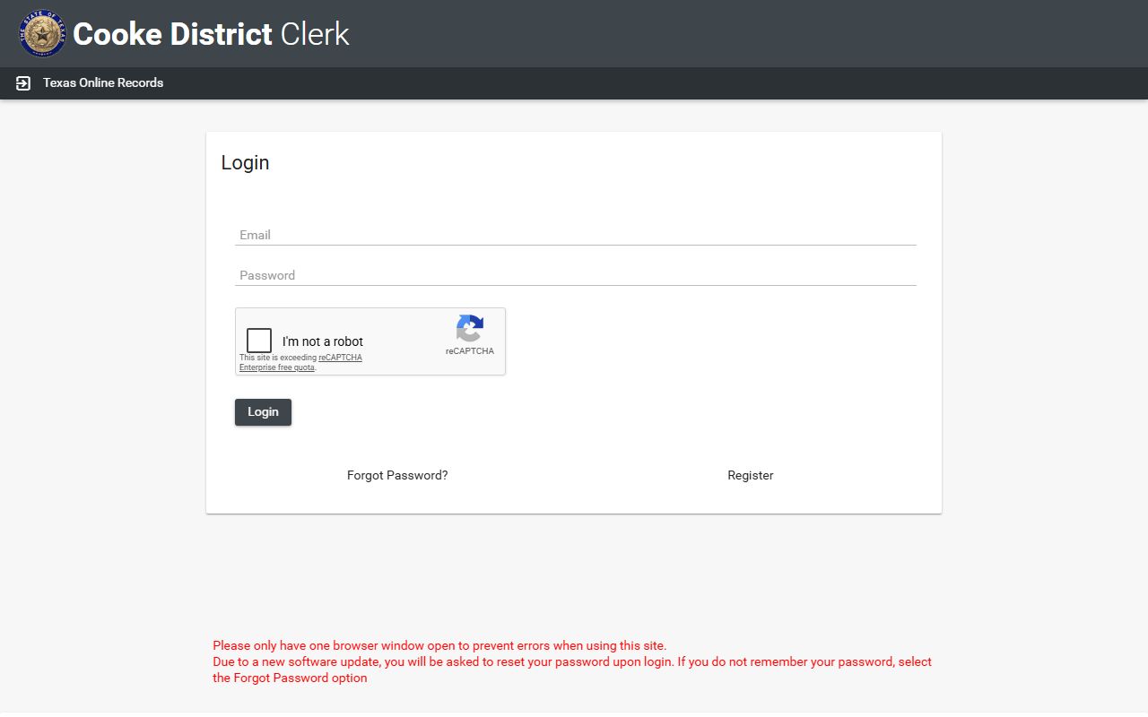 Texas Online Records login for Cooke District Clerk records