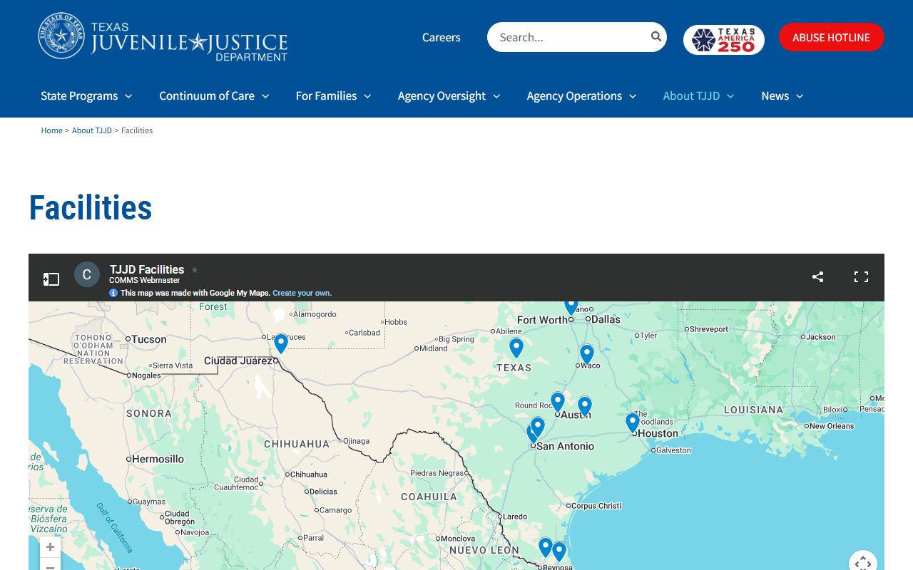 Gainesville State Juvenile Correctional Facility TJJD custody information page